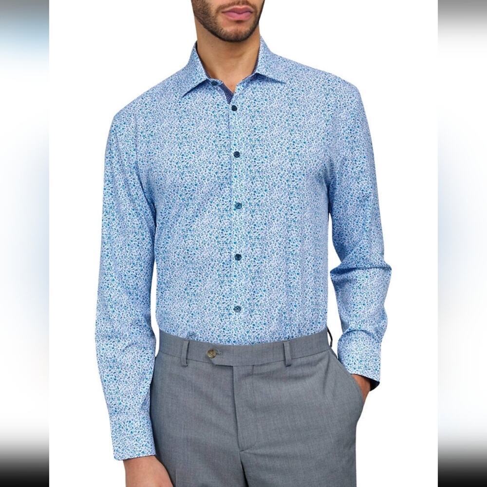 Society Of Threads No Iron Slim Fit Blue Patterned Shirt Mens Size M